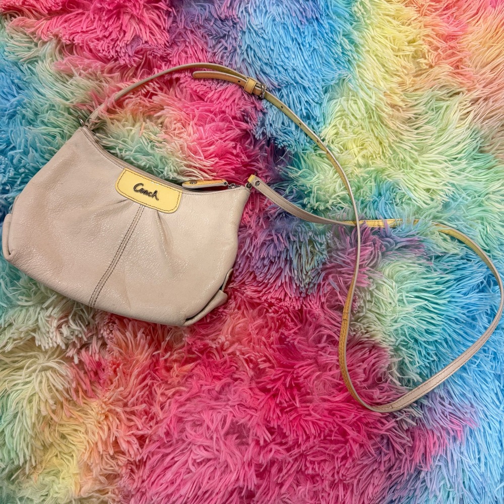Coach Cream‎ Pebbled Leather Small Crossbody Bag Yellow Trim Script Logo